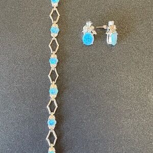 Blue Opal Stone Bracelet and Earrings Set - Women Jewelry